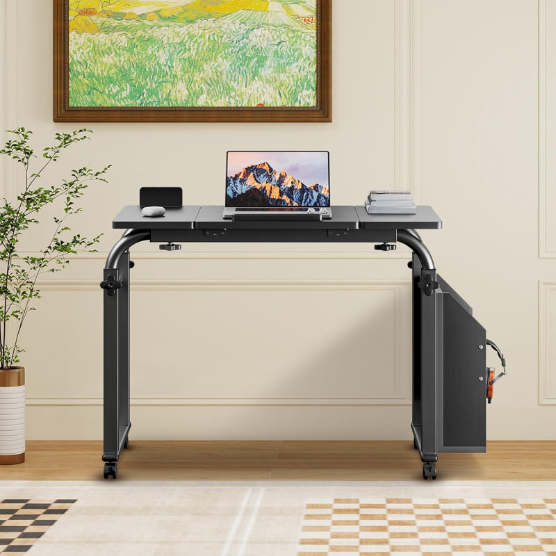 Overbed Table with Wheels - 31.5" Laptop Desk Cart, Adjustable Height (24"-35") & Length (32"-47"), 5-Setting Tilt Board, 350LBS Solid Wood/Steel, Cross-Bed Eating Desk for Hospital & Home Use