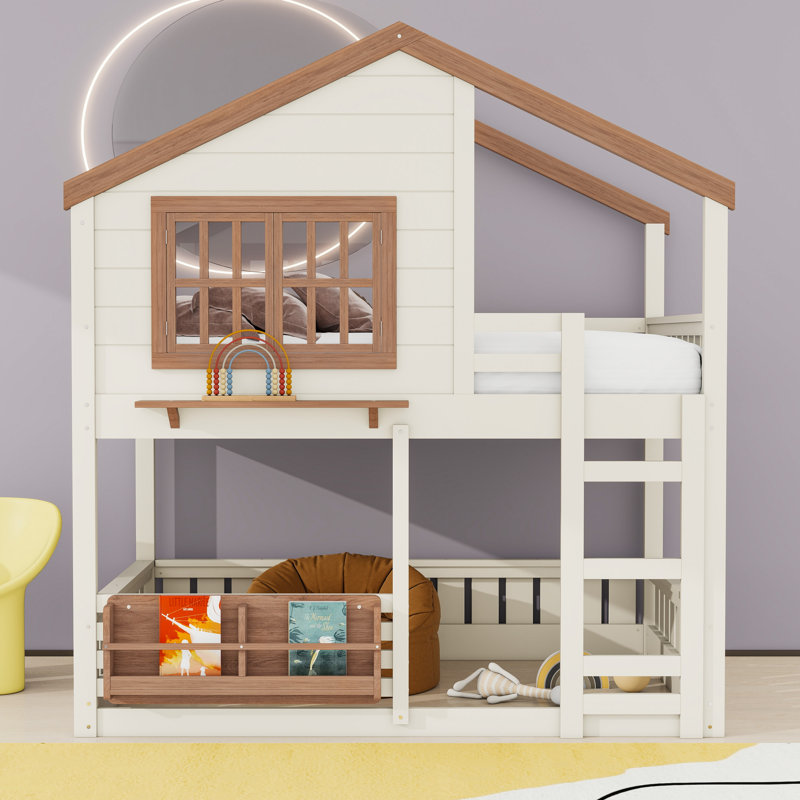 Lit superposé House avec espace multifonctionnel et fenêtre, Beige Natural, Lit superposé double sur double