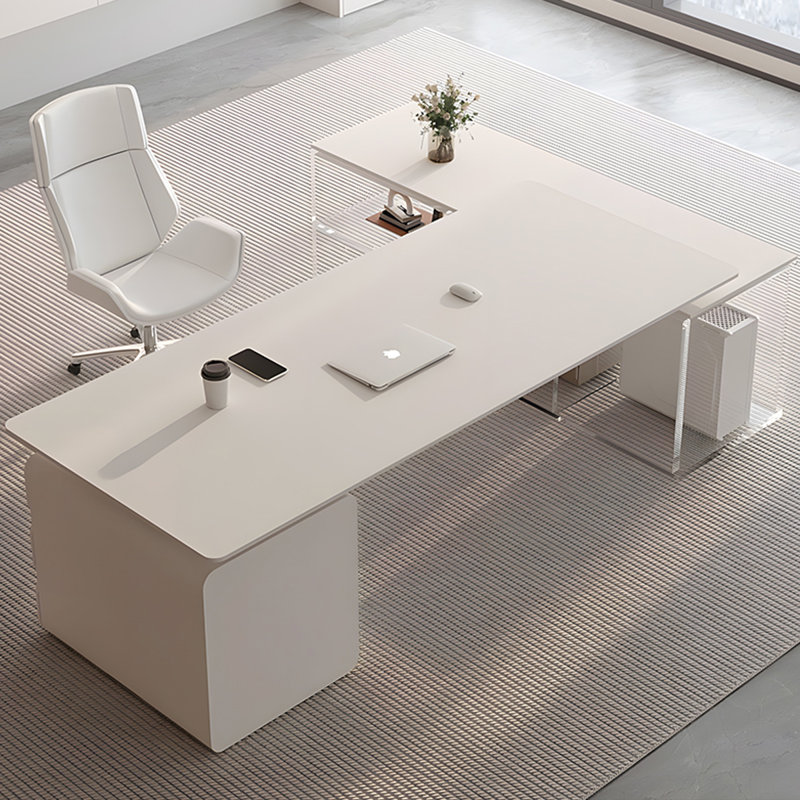 Sintered Stone L-Shaped Desk with Acrylic Storage Cabinet, 29.53" H x 62.99" W x 62.99" D