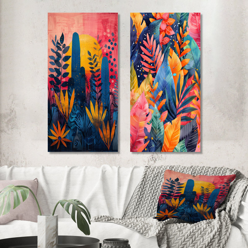 «Blue Pink Palms Desert Paradise I», ensemble de 2 reproductions d'art mural en métal, 40" H x 40" W