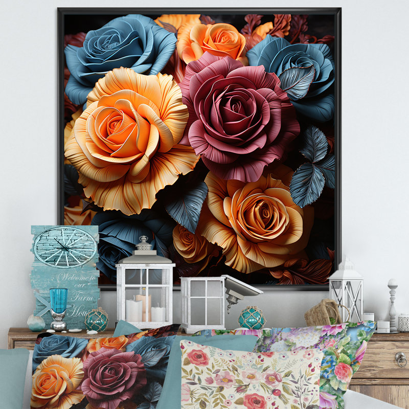 Roses multicolores «Alive» avec pinceau II, Cadre flottant noir, H 24 po x l 24 po x P 1 po