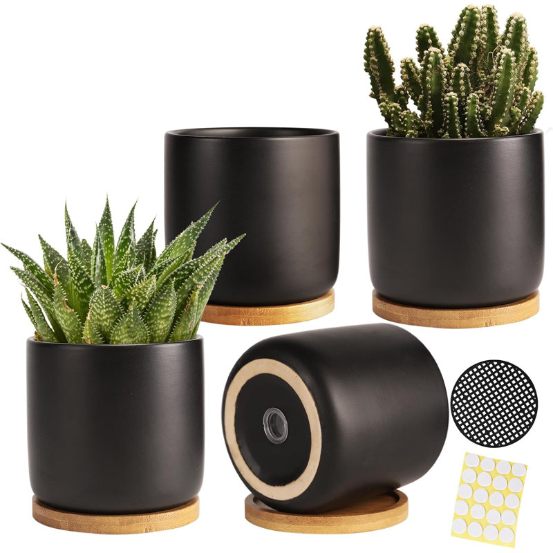 4" Ceramic Plant Pots With Drainage & Trays