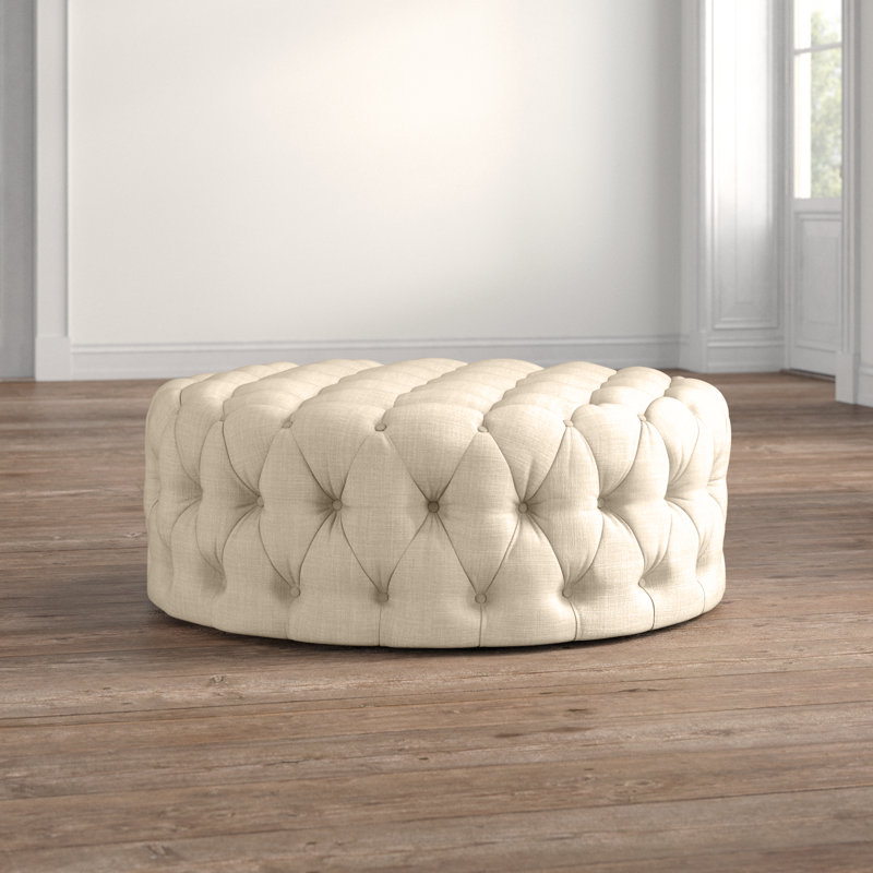 Willa 42" W Tufted Round Cocktail Ottoman, Linen, Heathered Beige Linen