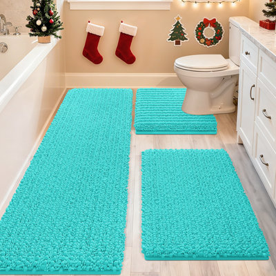 Upgrade Extra Large Teal Green Bathroom Rug Set 3 Pieces Ultra Soft, Thick Absorbent Bath Mats, Non Slip Chenille Toilet Mat for Bathroom, Bedroom, Kitchen, Turquoise