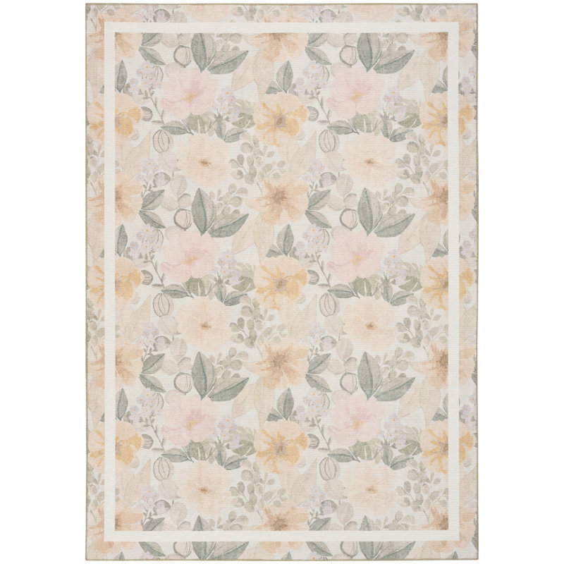 Nourison Botanical Washables 4' x 6' Beige Multicolor Farmhouse Indoor Rug, Rectangle 4' x 6', Multicolor Beige