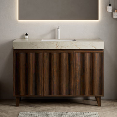 Meuble-lavabo simple autoportant cannelé en bois massif avec plateau en pierre frittée Vinewood