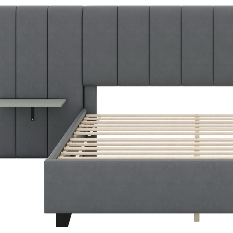 Lit plateforme tapissier avec grande tête de lit, Gris, Grand