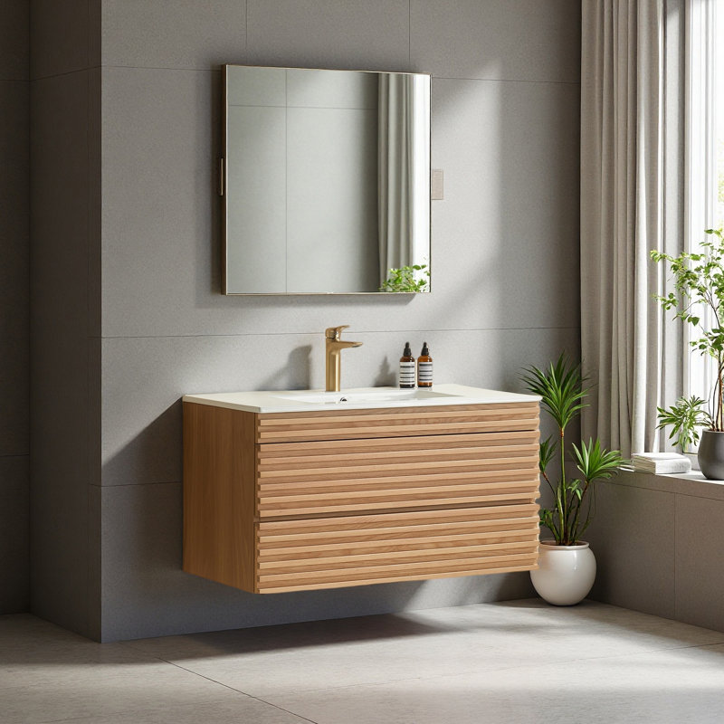 Wall-Mounted Bathroom Vanity with Single Ceramic Sink, Modern Slatted Front, Natural Wood Finish,Soft-Close Drawers for Bathroom