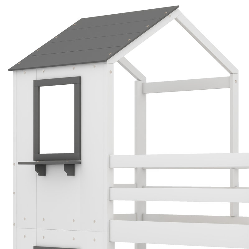 Bunk Bed With Roof, Window, Guardrail, Ladder, White