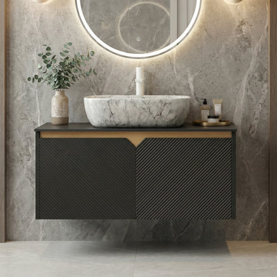 RUBEN 36" Bathroom Vanity & Sink, Wall-Mounted Floating Storage Cabinet With Twill Double Doors And Metal Trim, Black Sintered Stone Top & Marble Pattern Ceramic Vessel Sink