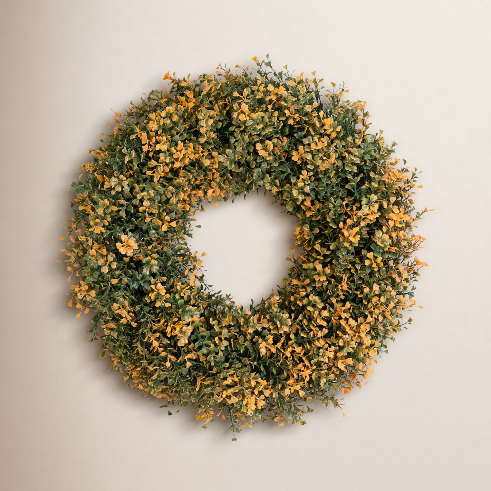 18In. Pre-Lit Autumn Boxwood Artificial Fall Wreath With 25 Warm White LED Lights, Orange;Green