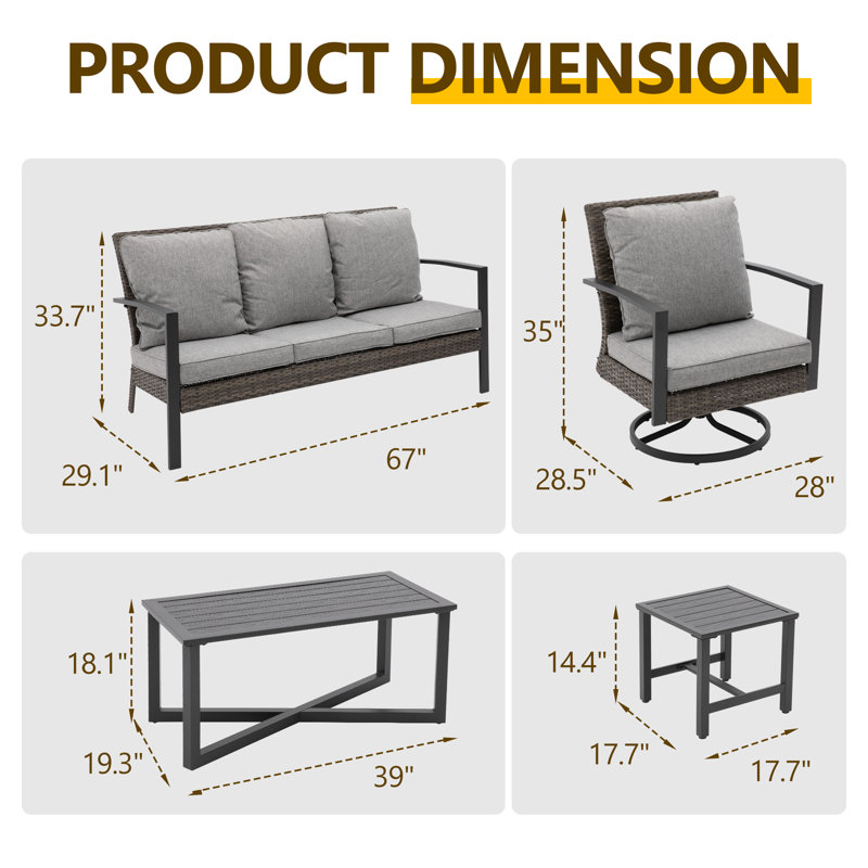 Ensemble de chaises de patio pivotantes avec coussins Shaylor, Gris