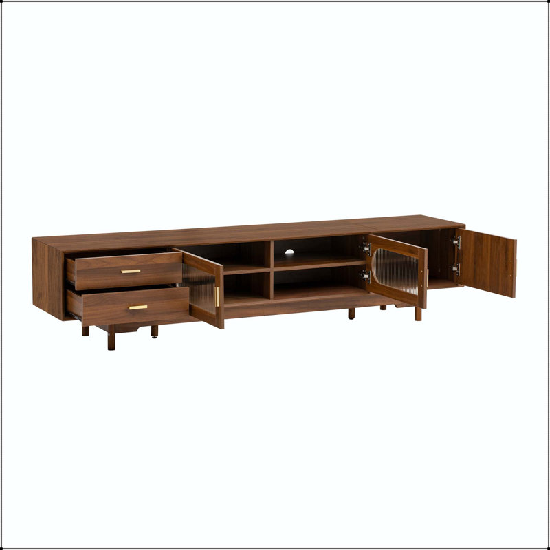 Meuble télé 78 po avec portes en verre cannelé et pieds en bois massif