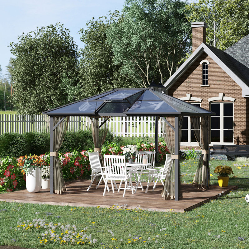 Hardtop Gazebo Canopy with Polycarbonate Roof, Top Vent and Aluminum Frame, Permanent Pavilion Outdoor Gazebo with Netting, for Patio, Garden, Backyard, Deck, Lawn