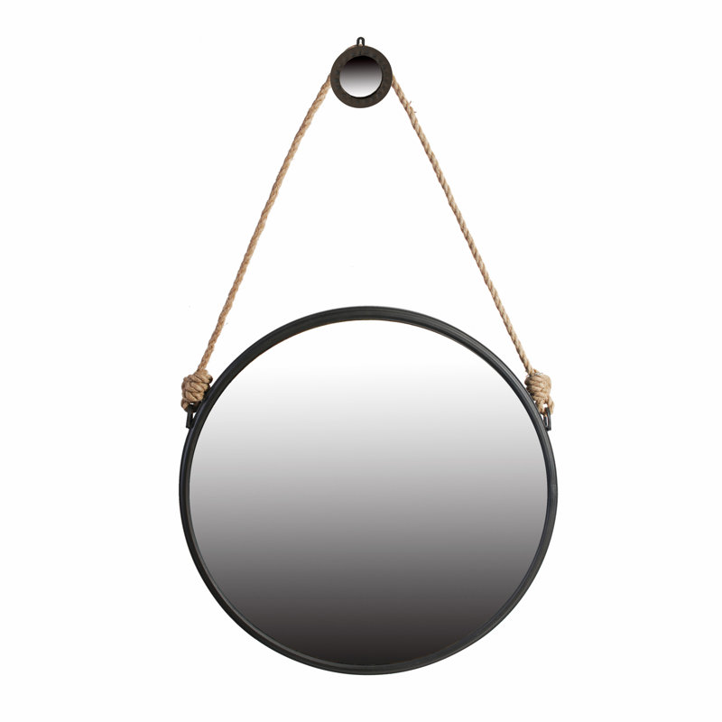 Hanging Round Mirror with Black Framed and with Rope Strap, 29.5" x 29.5"