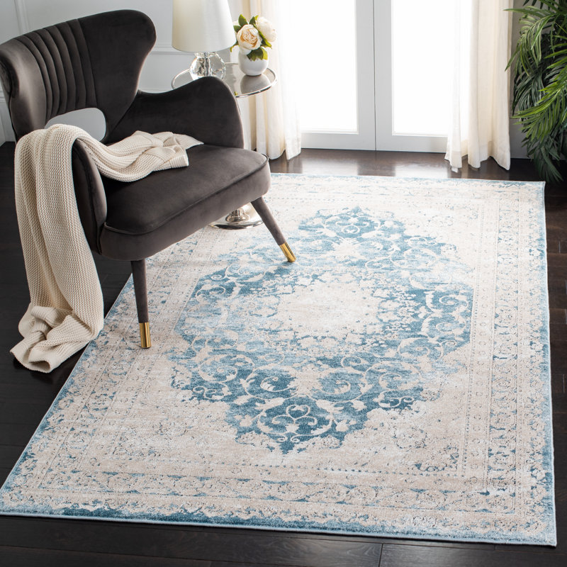 Prager Viscose Oriental Rug in Blue/Beige, Rectangle 5'1" x 7'6"