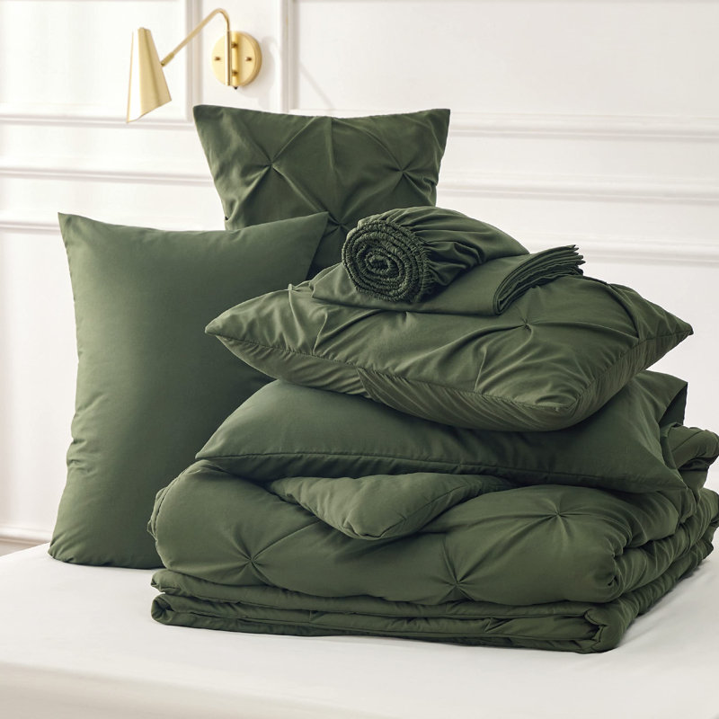Édredon à plis avec draps, taies d'oreiller et taies d'oreiller, Édredon de grande taille et 6 pièces supplément, Vert olive