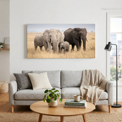 Elephant Family Canvas Wall Art Oil Painting Print Set Of 1