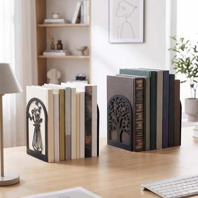 12‑Pack (6 Pairs) Decorative Floral & Tree Cutout Metal Bookends, Black Arched Book Stoppers 6.88 x 4.7 x 3.5 Inch, Non‑Slip Heavy‑Duty Book Holders for Shelves, Desk & Home Decor