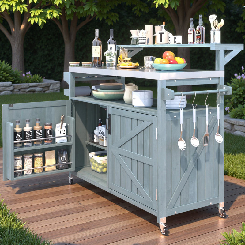Outdoor Kitchen Island Bar Table With Raised Shelf And Storage Rack, Blue/Gray