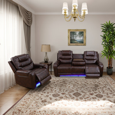 Electric Breathing Leather Living Room Recliner Set, Sofa & Chair