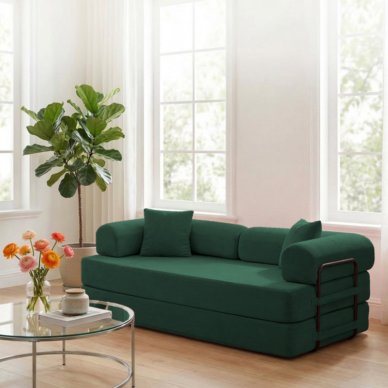 Convertible Corduroy Floor Sofa Bed with Detachable Armrests & Pillows, Green