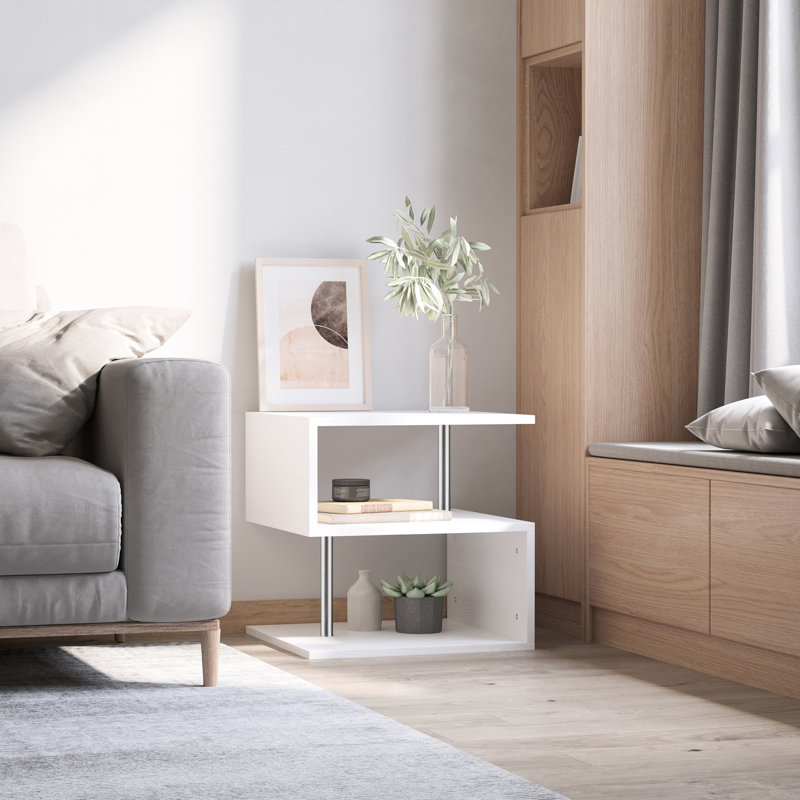 Table d'appoint moderne de 20 po, table basse en forme de S blanche avec rangement et fonction élégante et chic pour un usage domestique