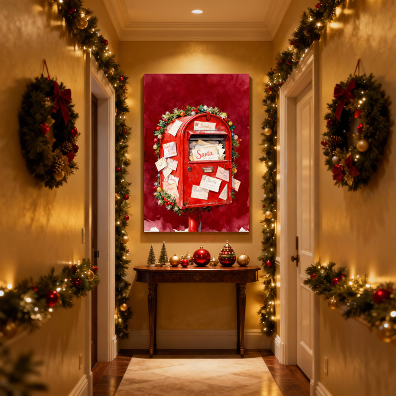 Boîte aux lettres rouge de Noël avec couronne de Noël et lettres, ensemble de 3 impressions sur toile, H 24 po x l 16 po