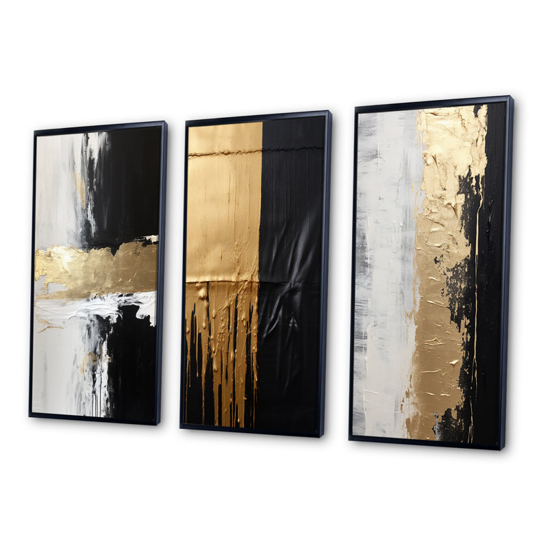 3 pièces sur toile - Dimensions horizontales abstraites or noir, Cadre flottant noir, H 40 po x l 60 po