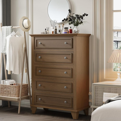 Commode de chambre brune à 5 tiroirs, commode en bois de 48 po avec tiroirs profonds et poignées en métal