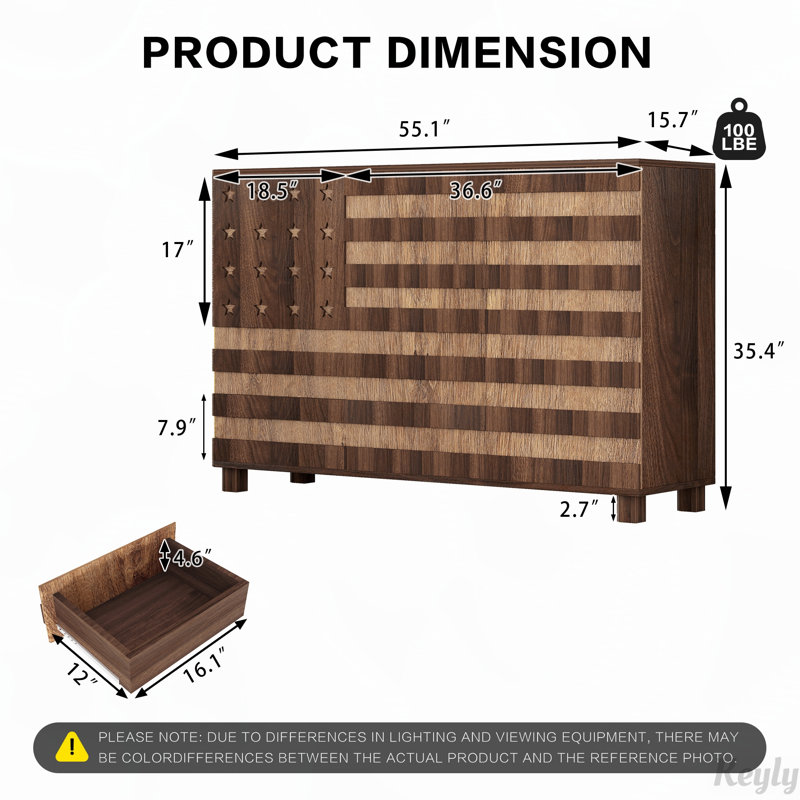 Armoire de rangement de 55 po avec tiroirs et portes, Walnut