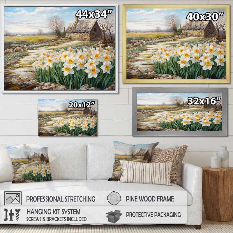 «White and Yellow Daffodils Country Charm», art encadré de fleurs, Toile tendue, H 30 po x l 40 po x P 1,5 po