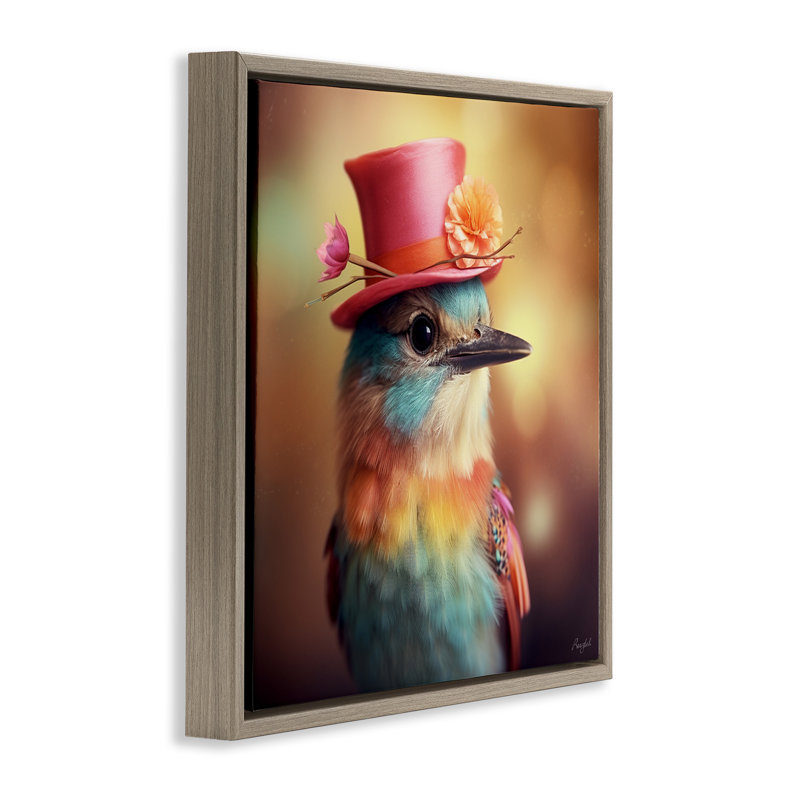 Oiseau pastel au chapeau, Cadre flottant orme Montalcino, H 25 po x l 25 po