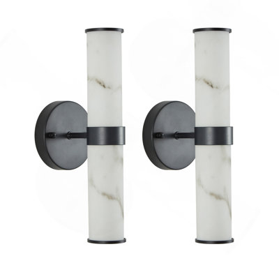 Resin Imitation Marble Texture Wall Light with Black Iron Metal Frame, Set of 2, Elegant Lighting Fixtures for Hallways, Bathrooms, and Bedrooms (only Indoor)