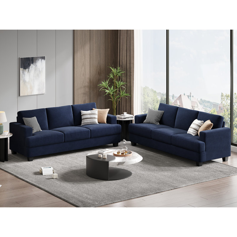 89 Inch Corduroy Sofa Couch, 3 Seater Sofa With Square Arms For Living Room(set Of 2), Blue