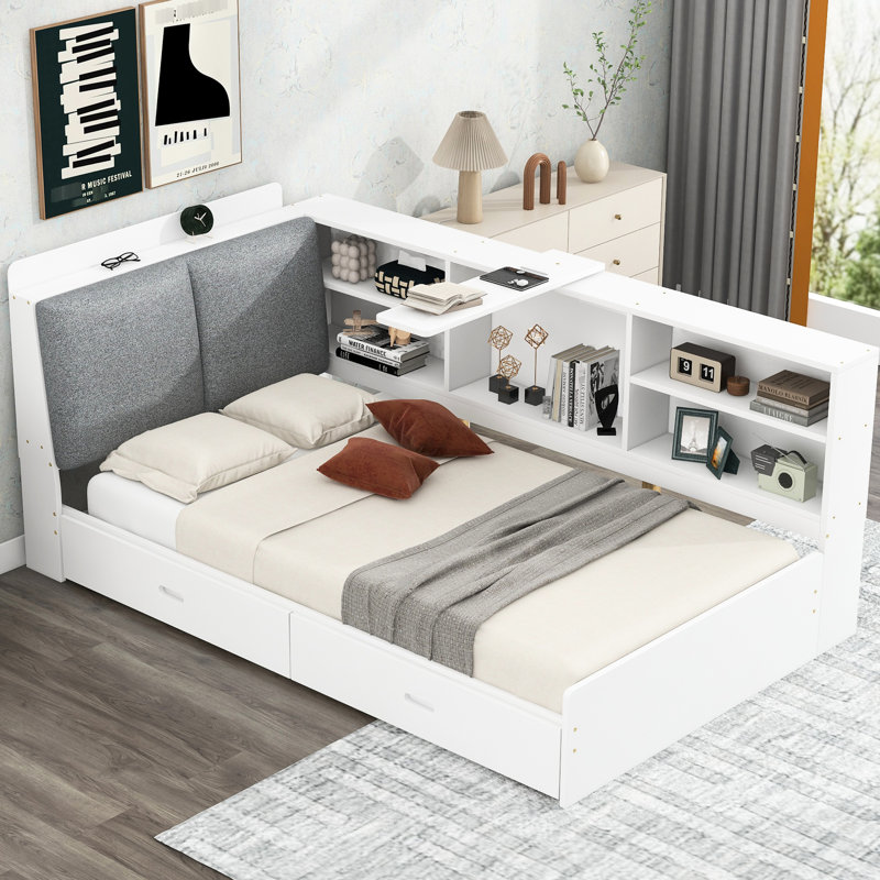 Lit plateforme simple avec tête de lit tapissier, 2 tiroirs, tablettes, rangement blanc pour un look charmant