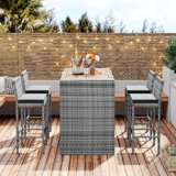 5-Pieces Outdoor Patio Wicker Bar Set, Bar Height Chairs With Non-Slip Feet And Fixed Rope, Removable Cushion, Acacia Wood Table Top, Brown Wood And Gray Wicker