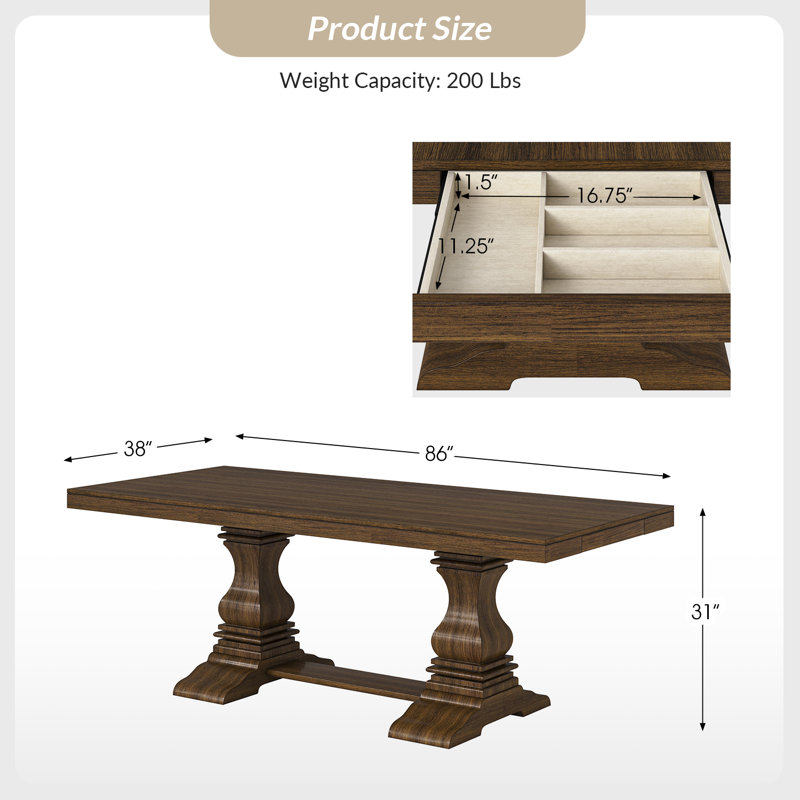 Vitti Farmhouse  Rectangular 86'' L x 38''W Trestle Dining Table  Solid Wood Desktop With 2 Drawers, Walnut