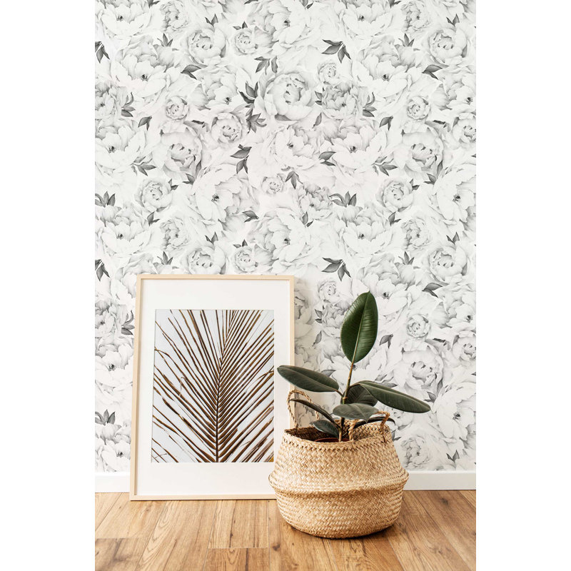 Papier peint adhésif moyen pivoine moyenne, Noir / blanc, L 108 po x l 48 po