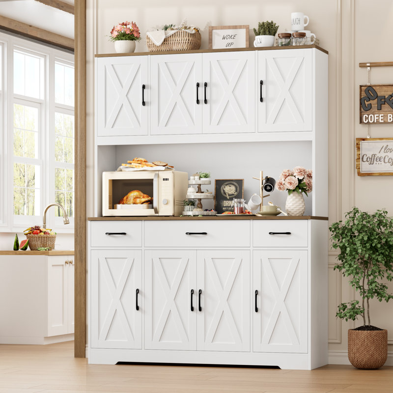 Frostia 70.9"H Kitchen Pantry With Charge Station, 55.1"W Farmhouse Style Pantry Cabinet with Microwave Shelf & Adjustable Shelves