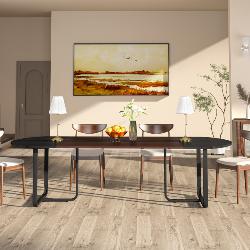 Jazib Oval Metal Base Dining Table, Black/Oak
