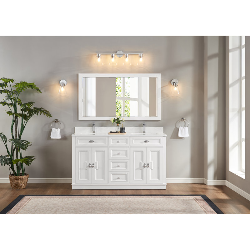 60" Solid Wood Sink Vanity With 1" Artificial Stone Top, Polished Chrome, White
