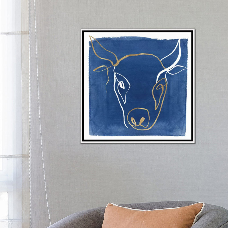 Indigo Ox par Isabelle Z - impression d'art graphique, H 26 po x l 26 po x P 1,5 po, Toile blanche encadrée, Pas de tapis