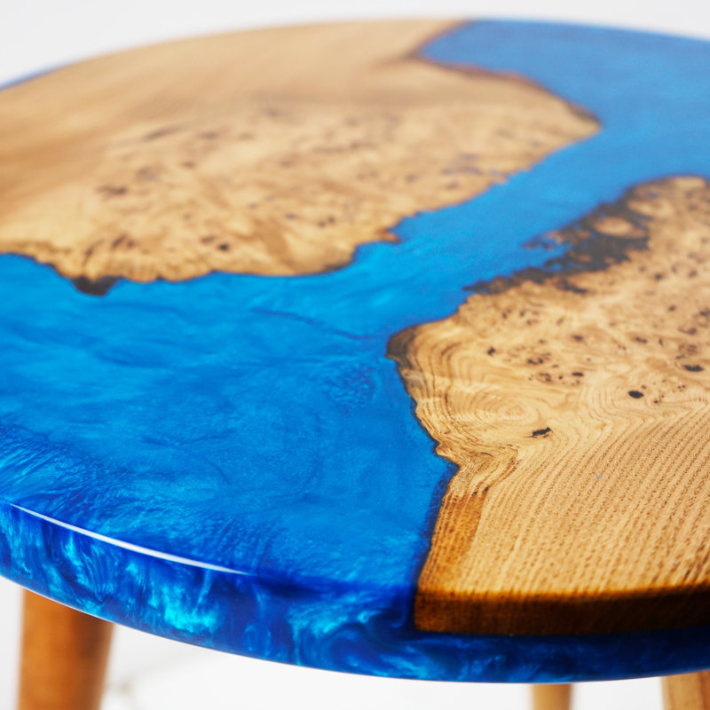 Abagayle 20" Resin Walnut Round Epoxy Side Table, Blue
