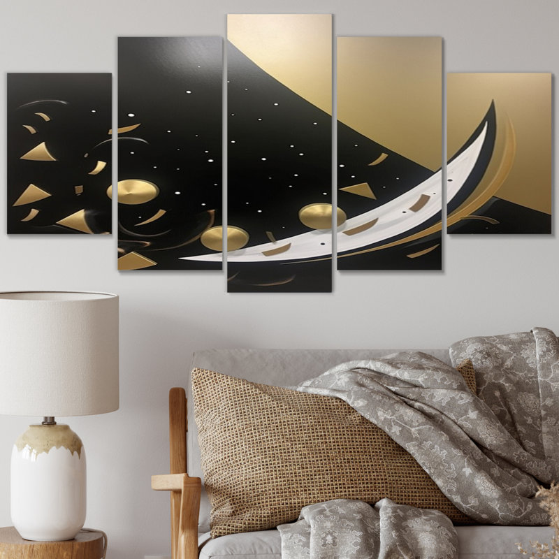 Contemporary Bliss, noir et or, minimalisme II - art mural abstrait, salon - 5 panneaux