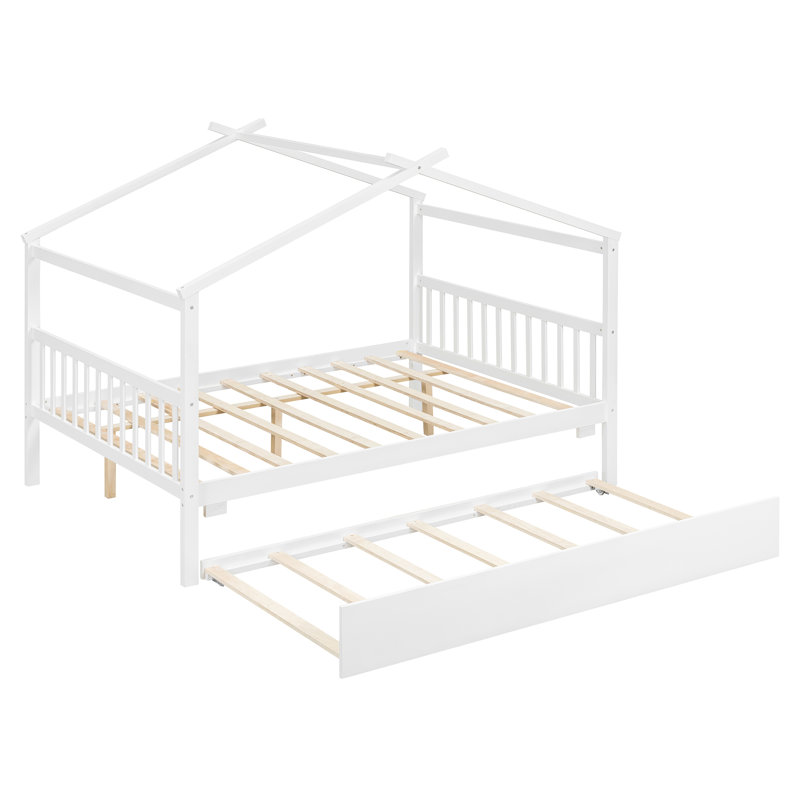 Lit double avec lit gigogne et structure en bois massif, Lit double, Blanc