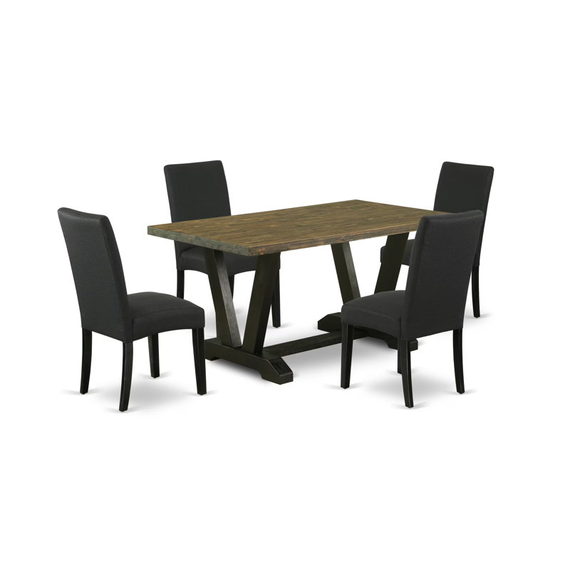 Ensemble de 5 pièces pour salle à manger pour 4 personnes comprenant une table de salle à manger rectangulaire avec pieds en V et 4 chaises de salle à manger Parson en tissu de couleur noire, 36 x 60 pouces, multicolore