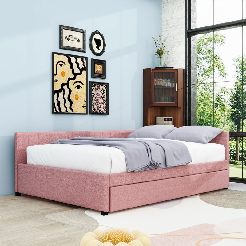 Modern Upholstered Daybed with Twin Trundle, Full / Double, Pink