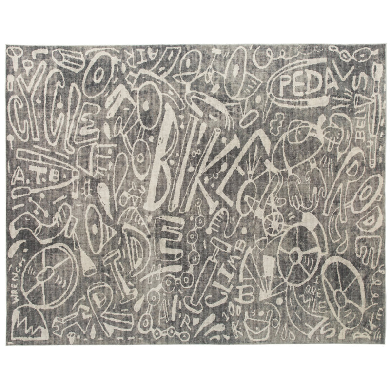Sportsglyphs Grey Bicycle Power Loom Polyester Rug, Rectangle 5' x 7'