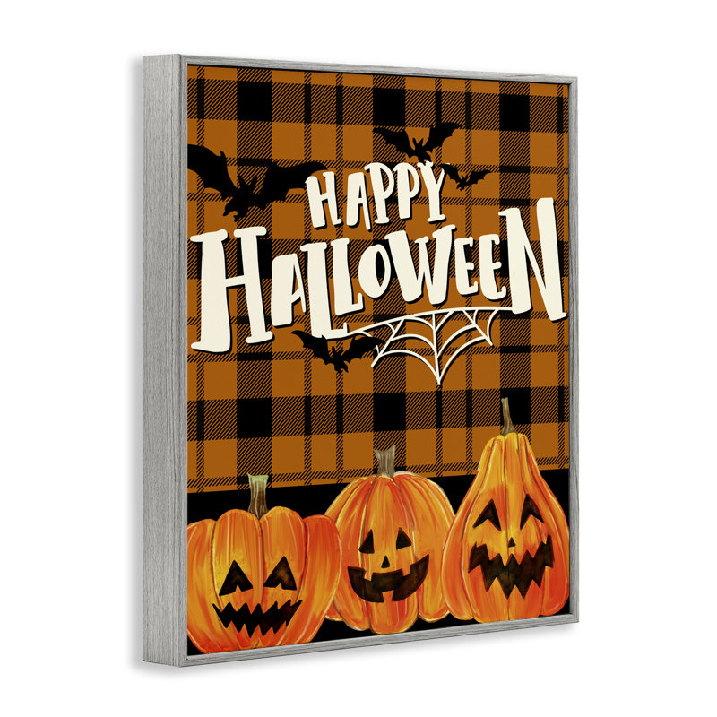 «Halloween Jack-o-Lanterns on Plaid Giclee» par Kim Allen, H 20 po x l 16 po, Estampe numérique Farmhouse